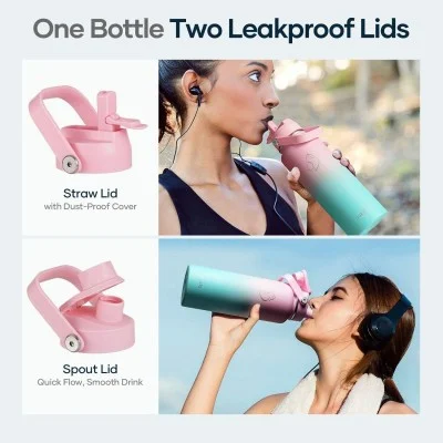 Buzio Duet Series Water Bottle with 2 Lids and Sleeve 1.2L - Pink Green